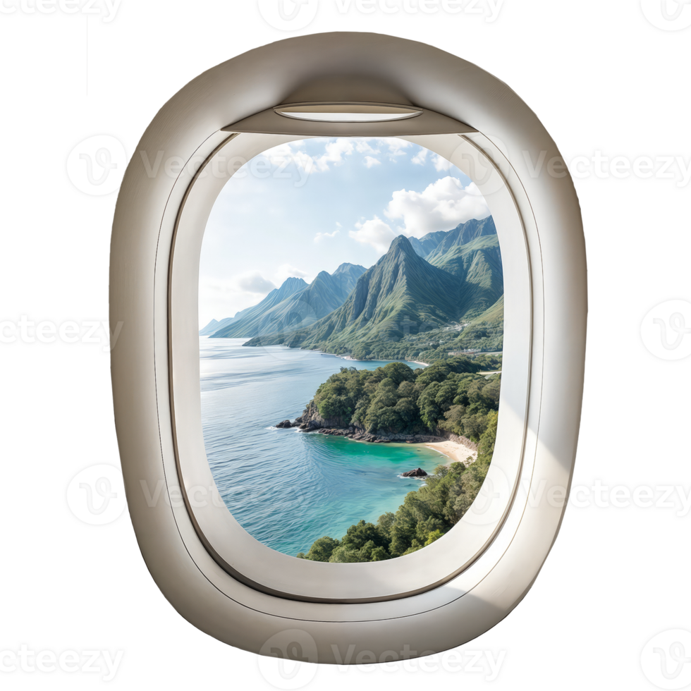 An airplane window showcasing a stunning view of a beach and mountains png