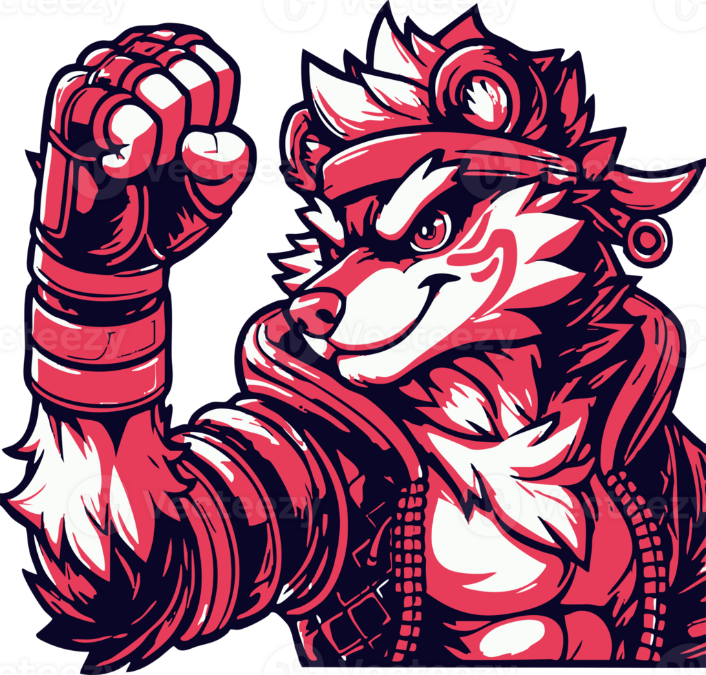 A bear with a jacket on and a fist in the air png