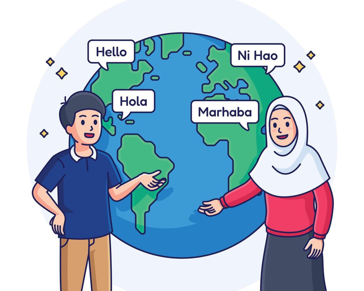 Cartoon man and woman speaking different languages illustration vector
