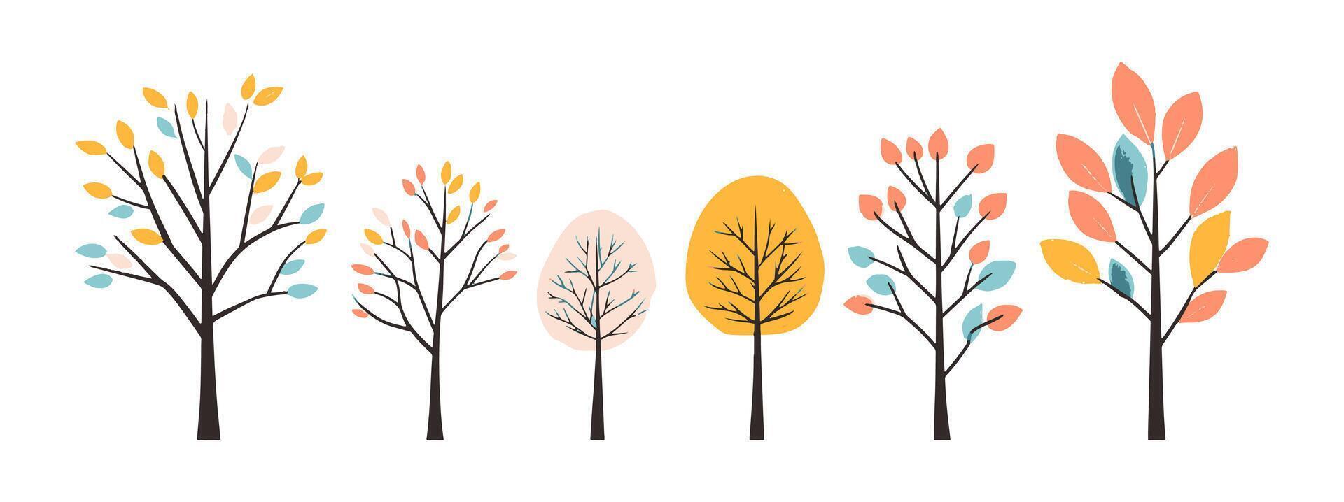 Set of yellow tree and leaf collection hand drawn flat design element. botanical set of bare trees and ones with leaves and lush green vector