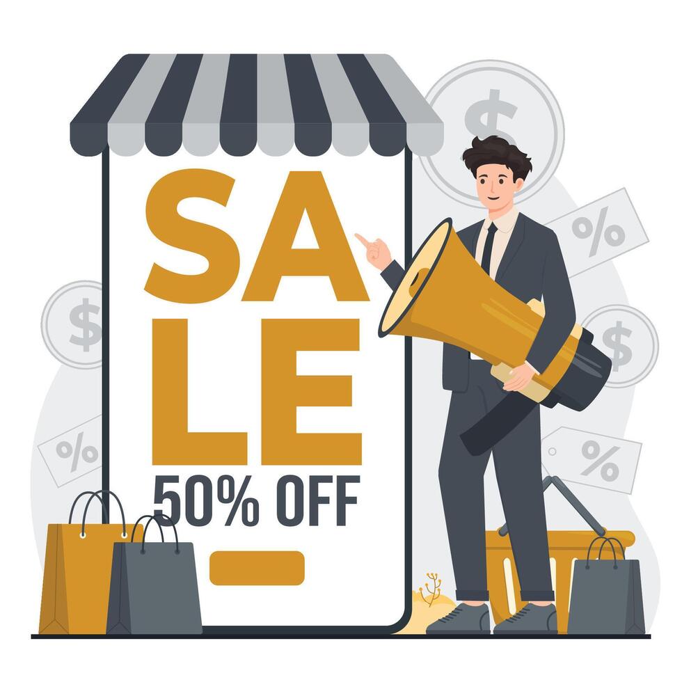 Sale banner template. Man with megaphone and shopping bags. vector