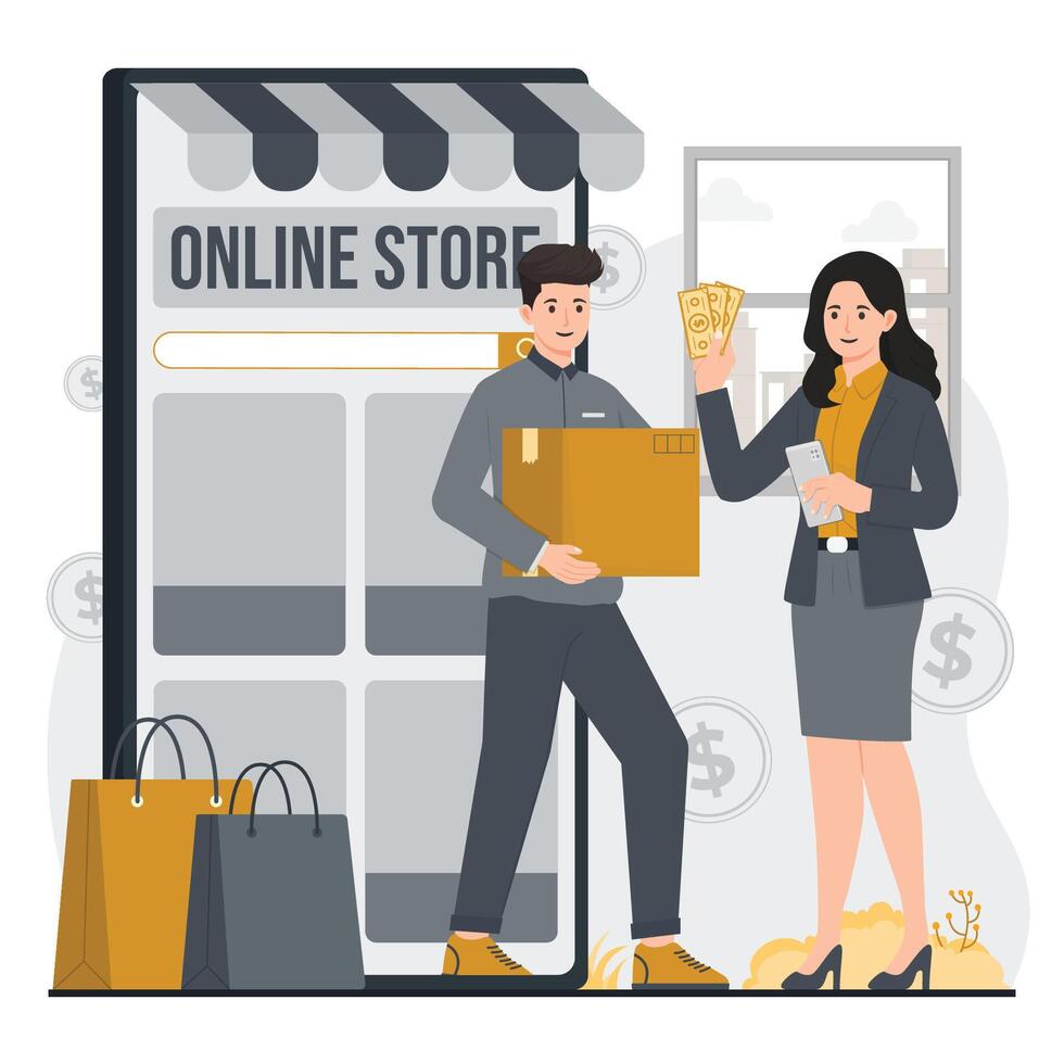 Online store concept. Man and woman buying online. illustration in flat style vector