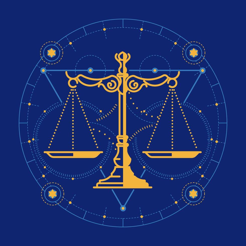 graphic of scales with futuristic element presented by Tarot card style vector