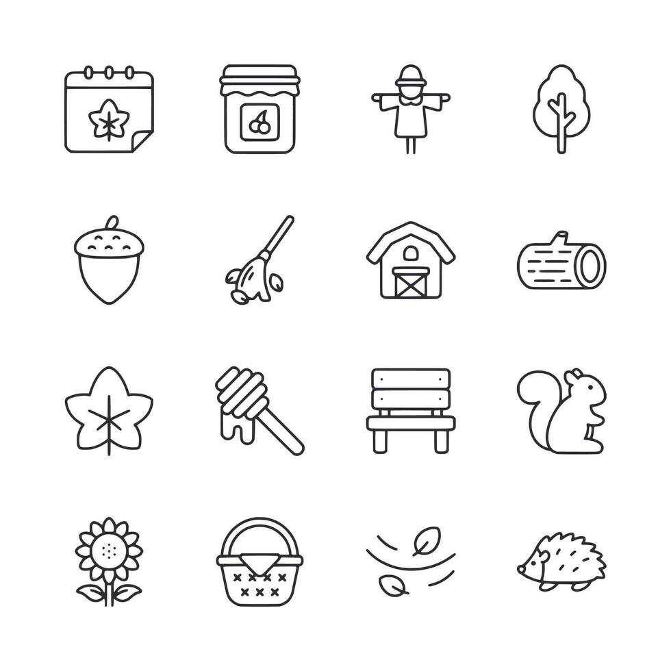 A collection of seasonal icons including a bee, a squirrel, a tree, and a house vector