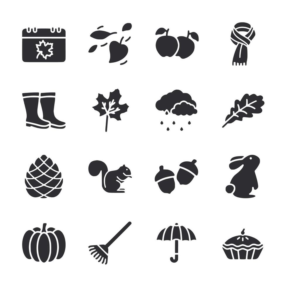 A collection of black and white icons for the fall season vector