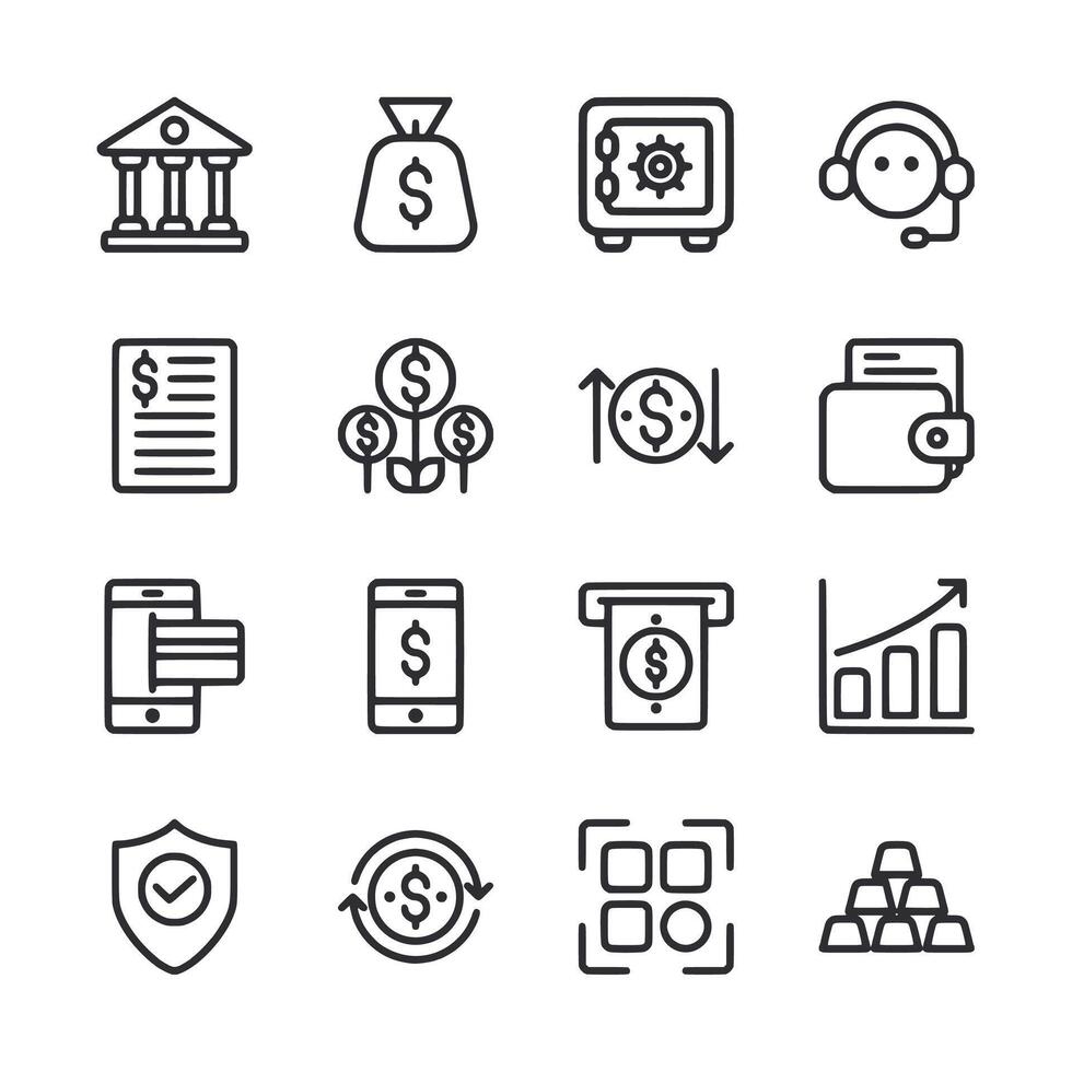A set of icons for financial services, including a bank, a wallet, a phone vector