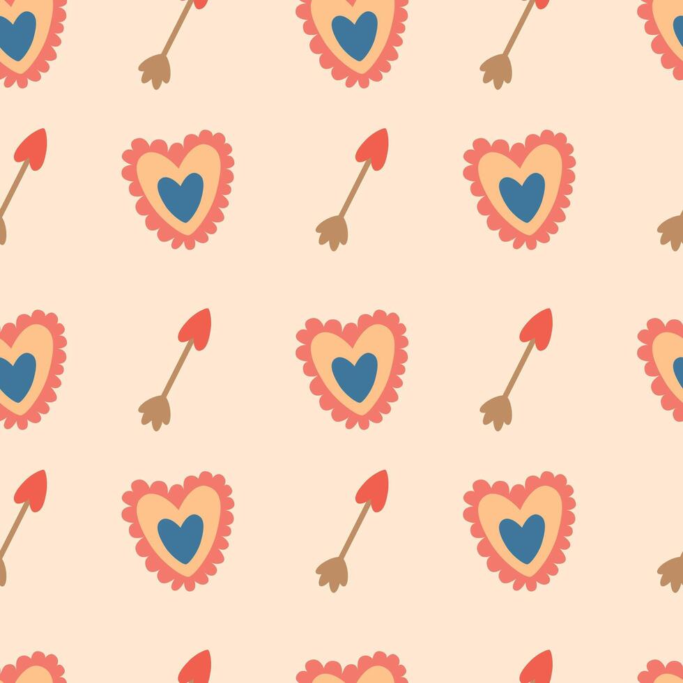 Valentine's day seamless pattern. Lace heart and arrow on a beige background. illustration for packaging, wrapping paper, greeting card, fabric vector