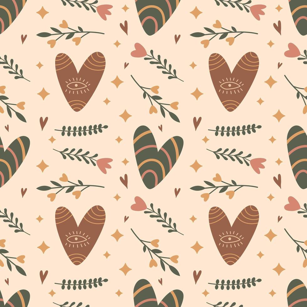 Valentine's day seamless pattern. Boho heart with eye, flowers, plants in beige and green colors. Modern illustration for packaging, wrapping paper, greeting card. vector