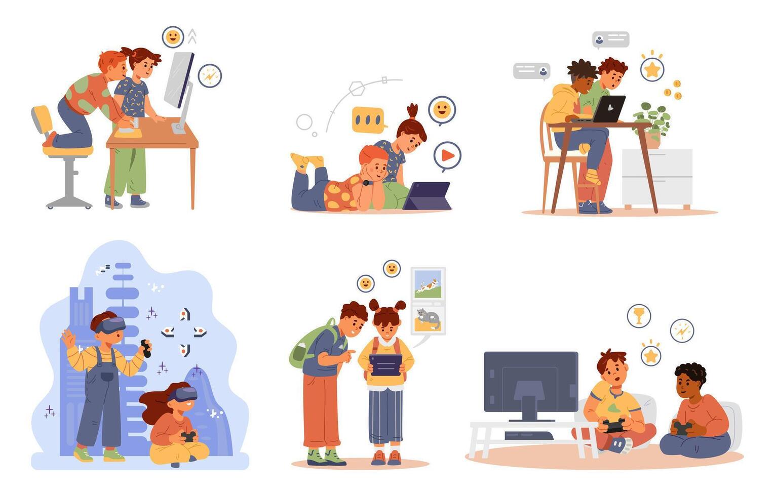 Different children in pairs using gadgets flat illustrations set. Boys and girls of different ethnicities playing with tablets, gamepads, using smartphones, laptops, vr headsets, computer. vector