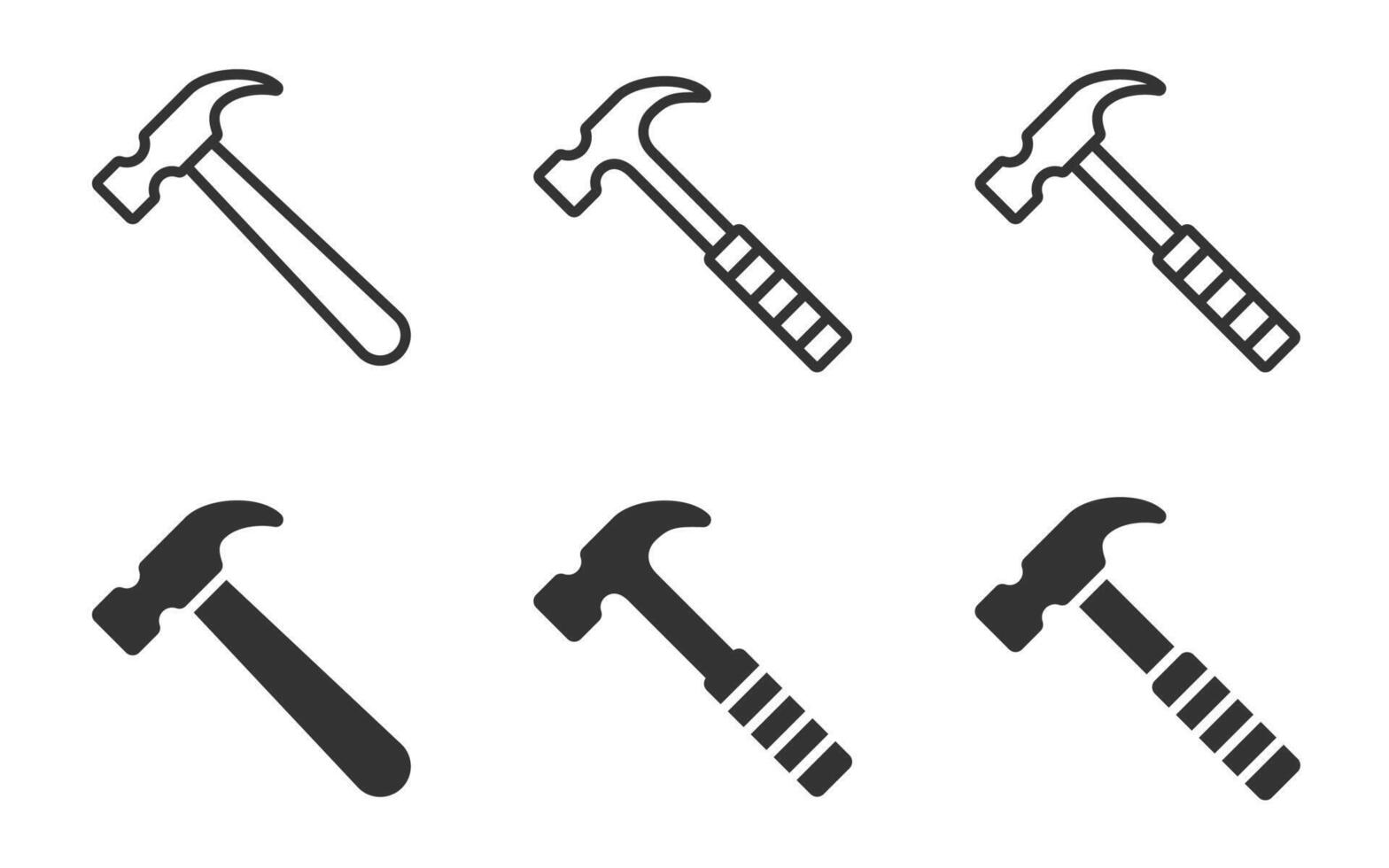 Set of hammer tool icons in outline and filled styles. vector