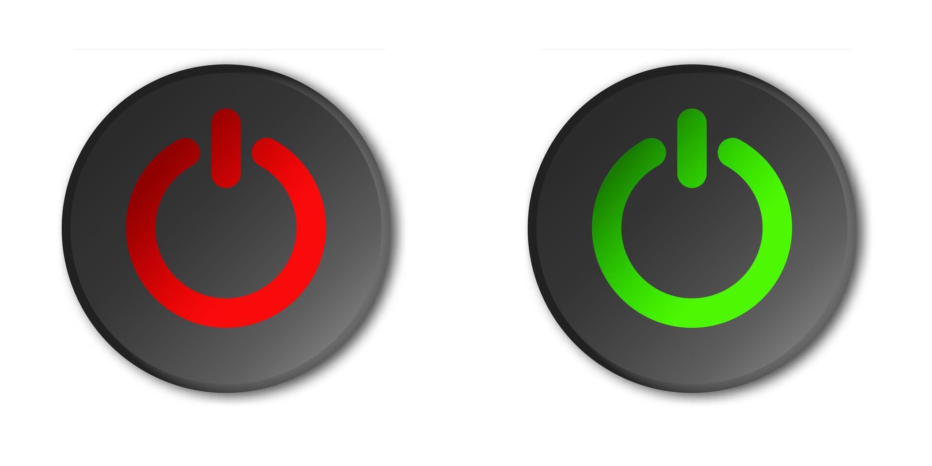 Modern dark-themed red and green power buttons, icons. vector
