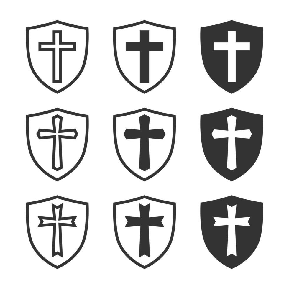 Shield icons featuring crosses, minimalistic and modern set. vector
