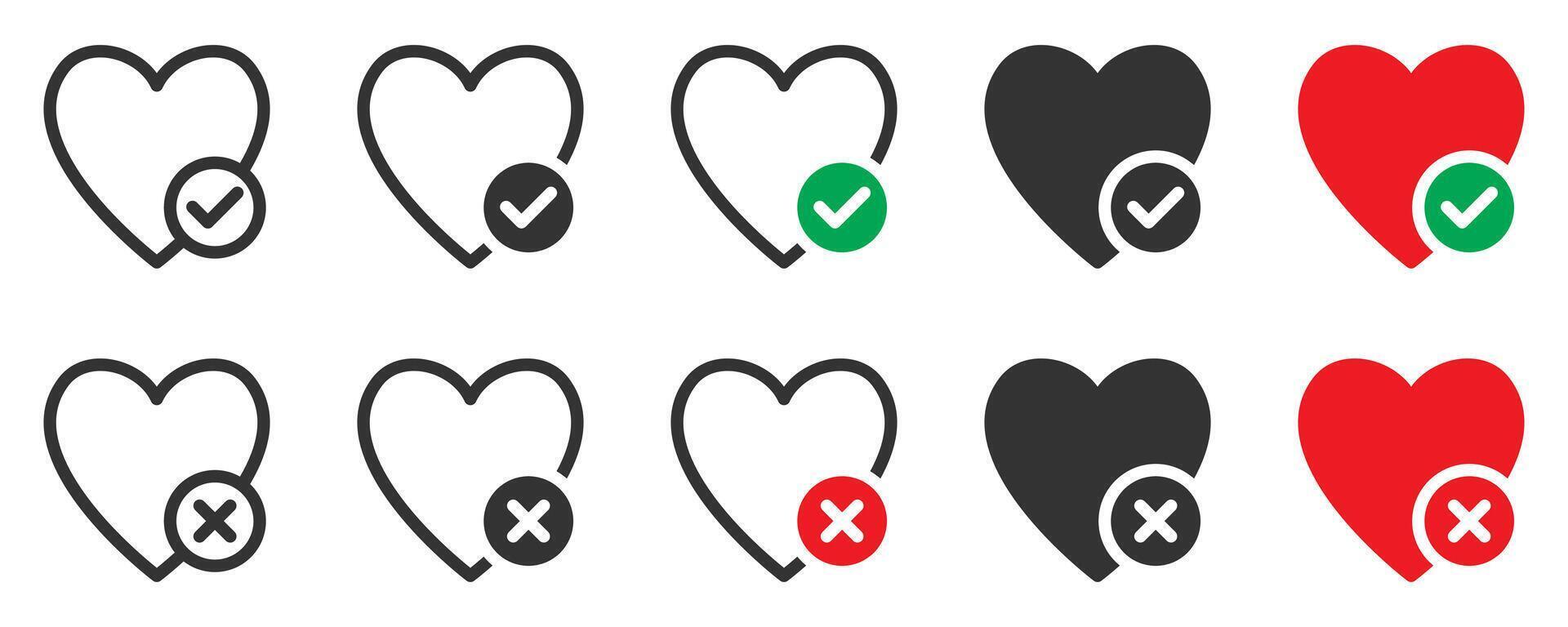 Heart approval and rejection icons for love or social themes in style. vector