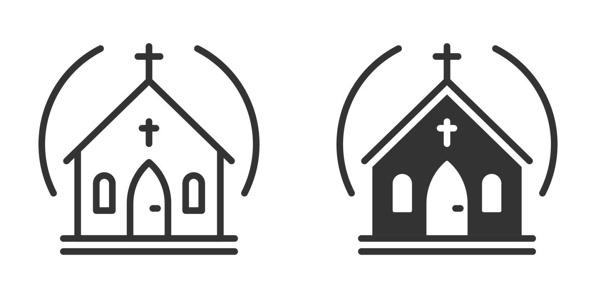 Church icons featuring outline and filled designs with architectural elements and a cross. Religious symbol illustration. vector