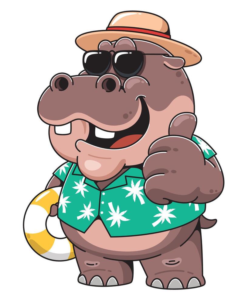 hippo cartoon character wearing a hawaiian shirt and sunglasses vector
