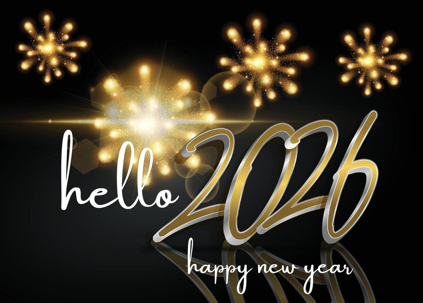 2026 Happy New Year background design. Shiny golden lettering on a black background with fireworks. vector