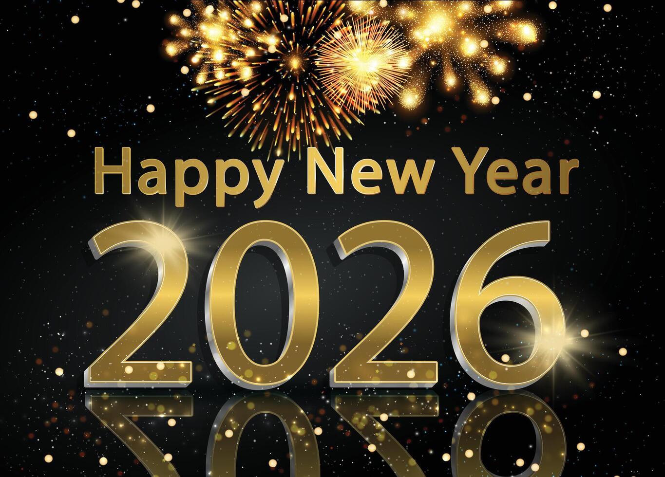 A 2026 New Year celebration card featuring sparkling golden glitter and vibrant fireworks against a black background. vector