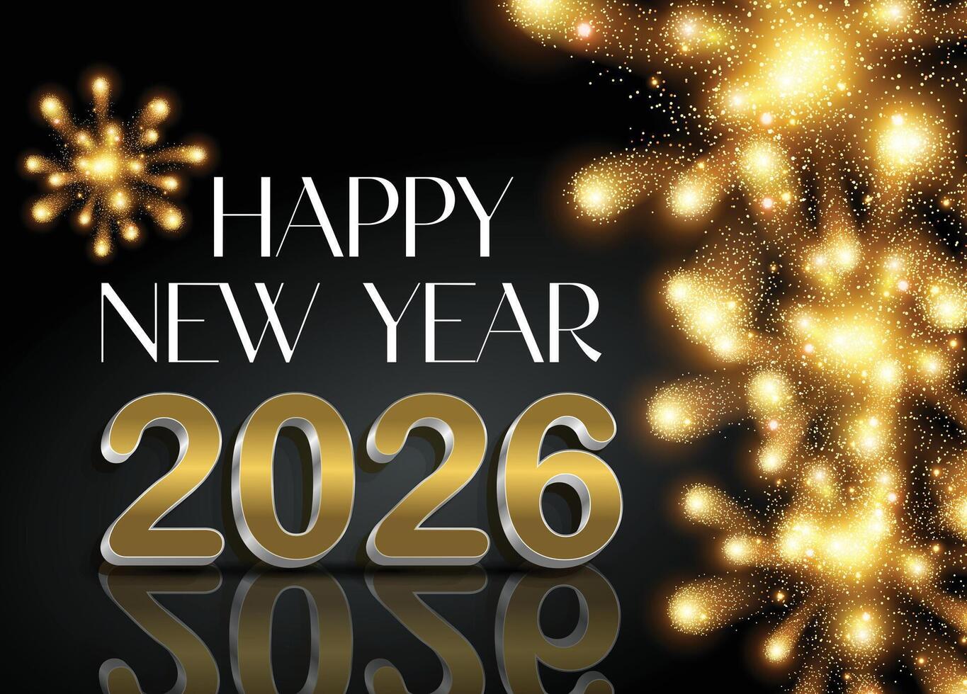 2026 New Year celebrate card featuring shimmering golden fireworks. vector