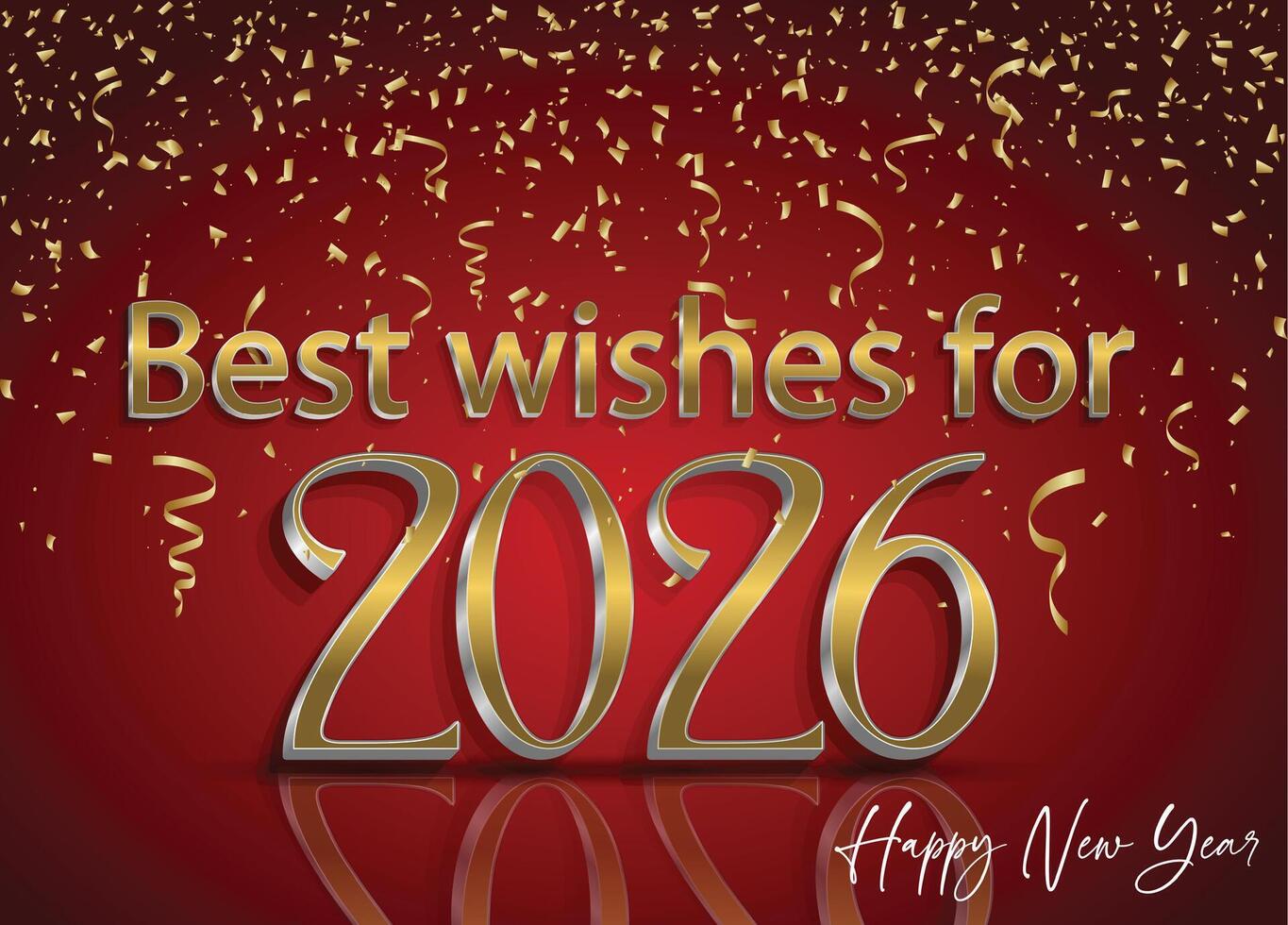 2026 Happy New Year background design with shimmering golden confetti on a vibrant red backdrop. vector