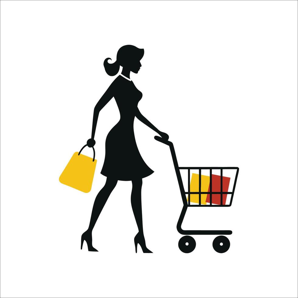 A silhouette of a woman pushing a shopping trolley while carrying shopping bags. vector