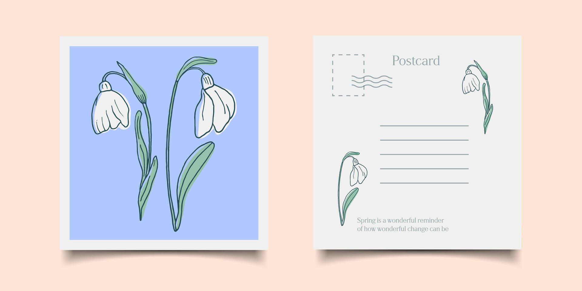 A postcard template with the concept of a spring snowdrop flower, made in a retro style. Square composition, Easter holiday, women's day, birthday. vector
