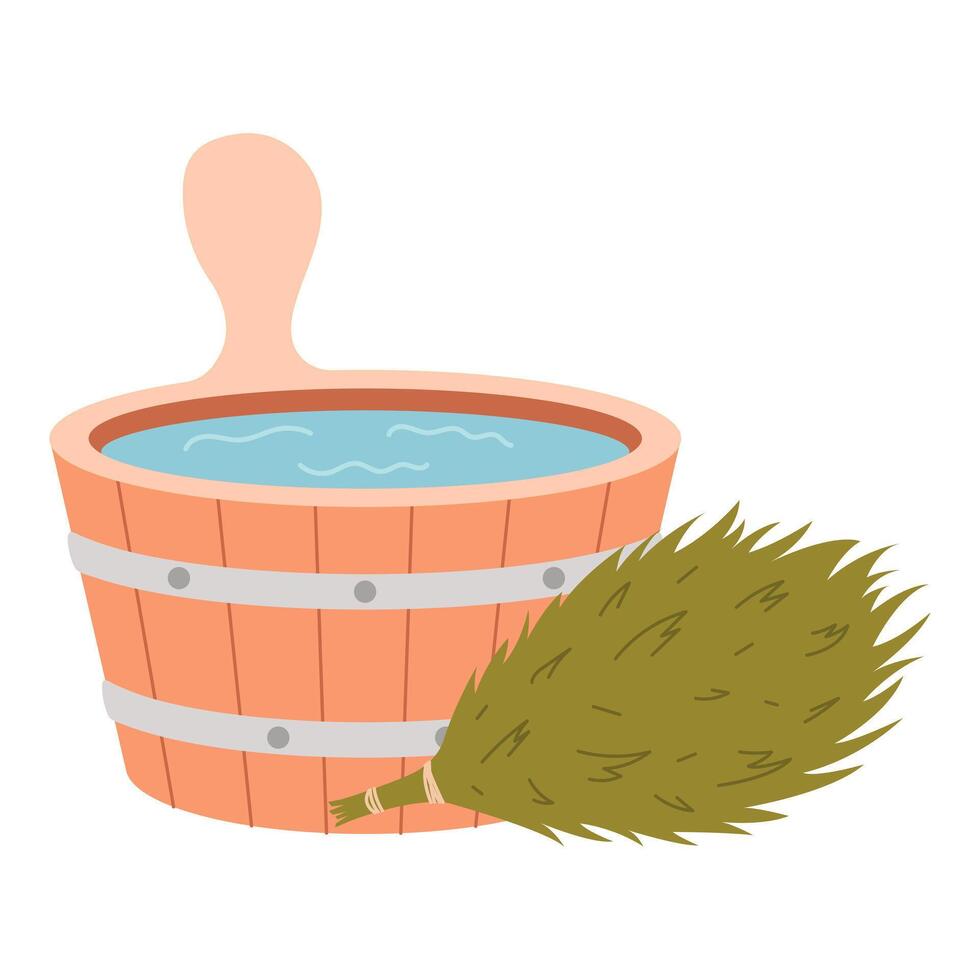 Wooden bucket with water and eucalyptus broom for bath and sauna. illustration. vector