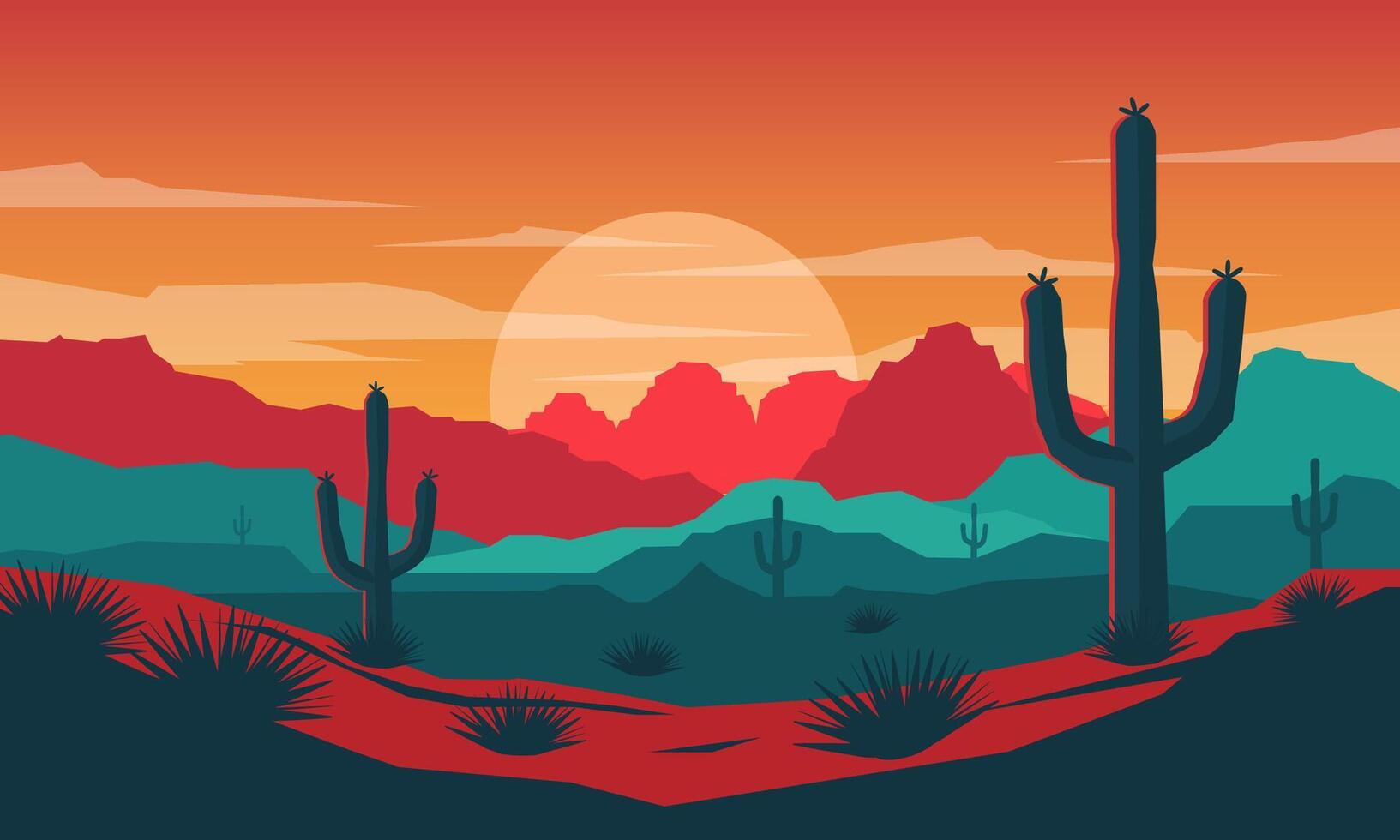 Desert landscape with cactuses and mountains illustration. vector