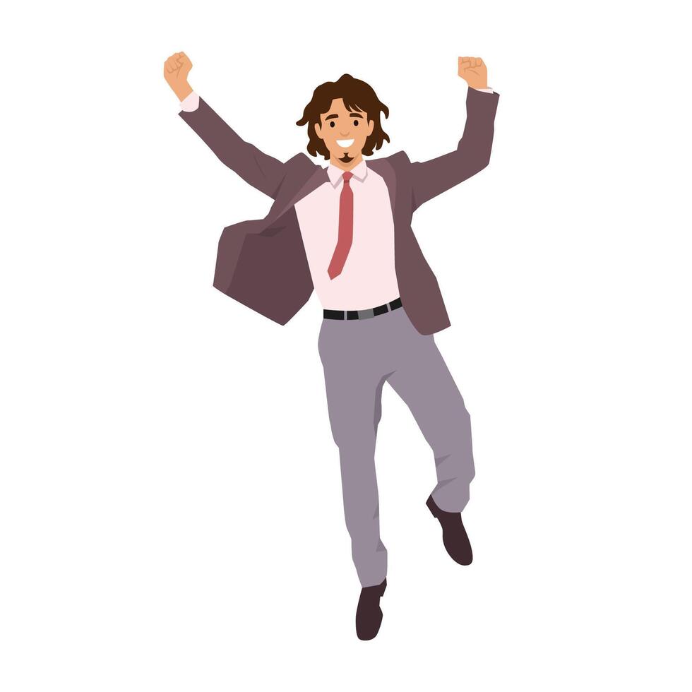 Young happy businessman jumping high with hands up. vector