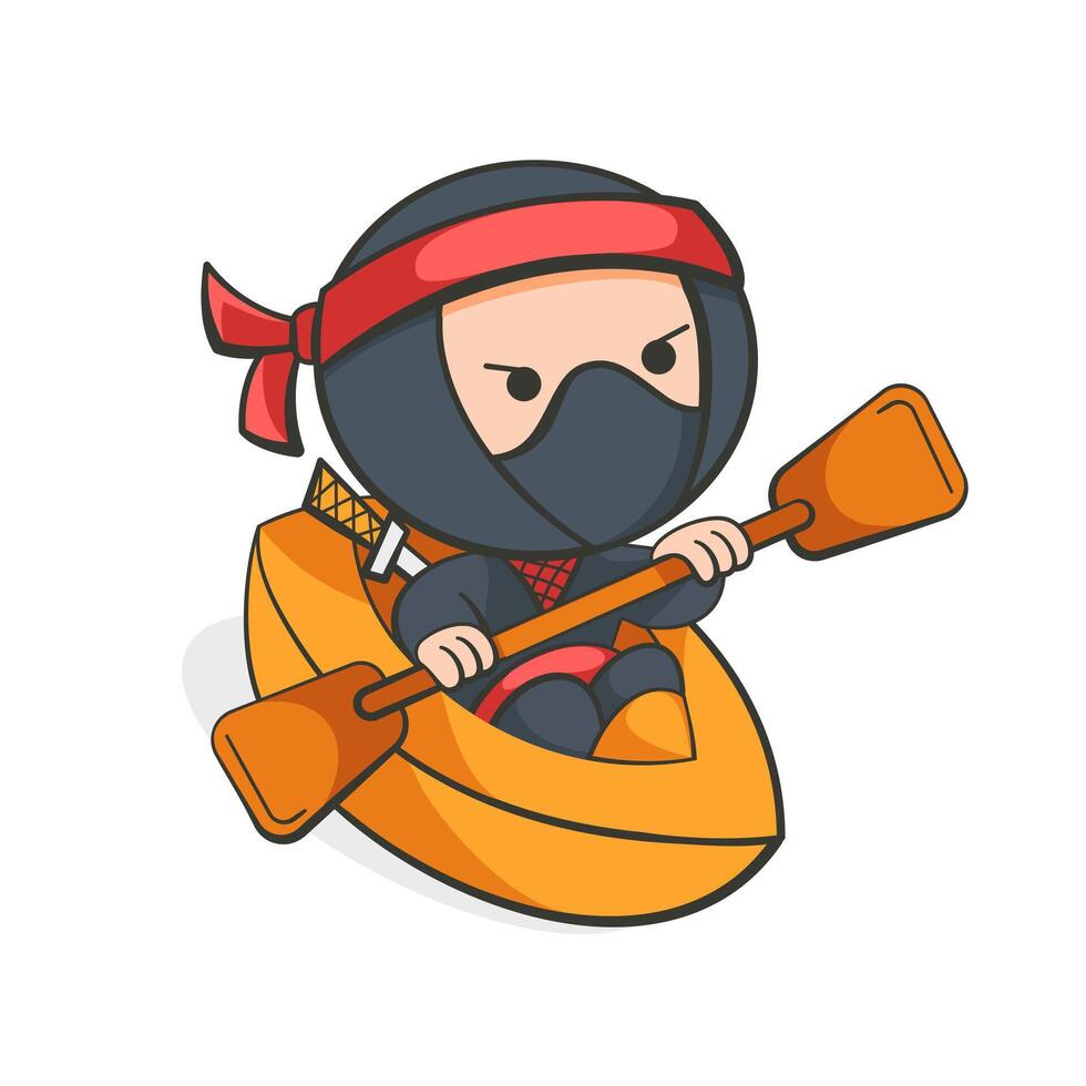 Illustration of a ninja sailing on a kayak in a cute cartoon style. vector