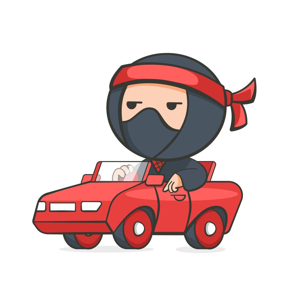 Illustration of a ninja riding a red car in a cute cartoon style. vector