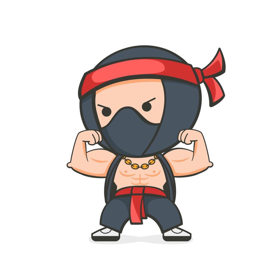 Ninja illustration showing off muscles in a cute cartoon style. vector