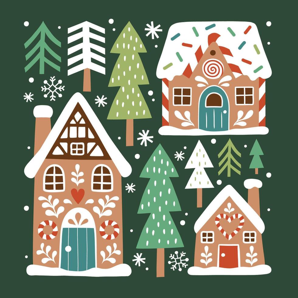Cute Christmas gingerbread house and snowy pine trees. Hand drawn Scandinavian Christmas clipart. Perfect for tee shirt logo, greeting card, poster or nursery print design. vector