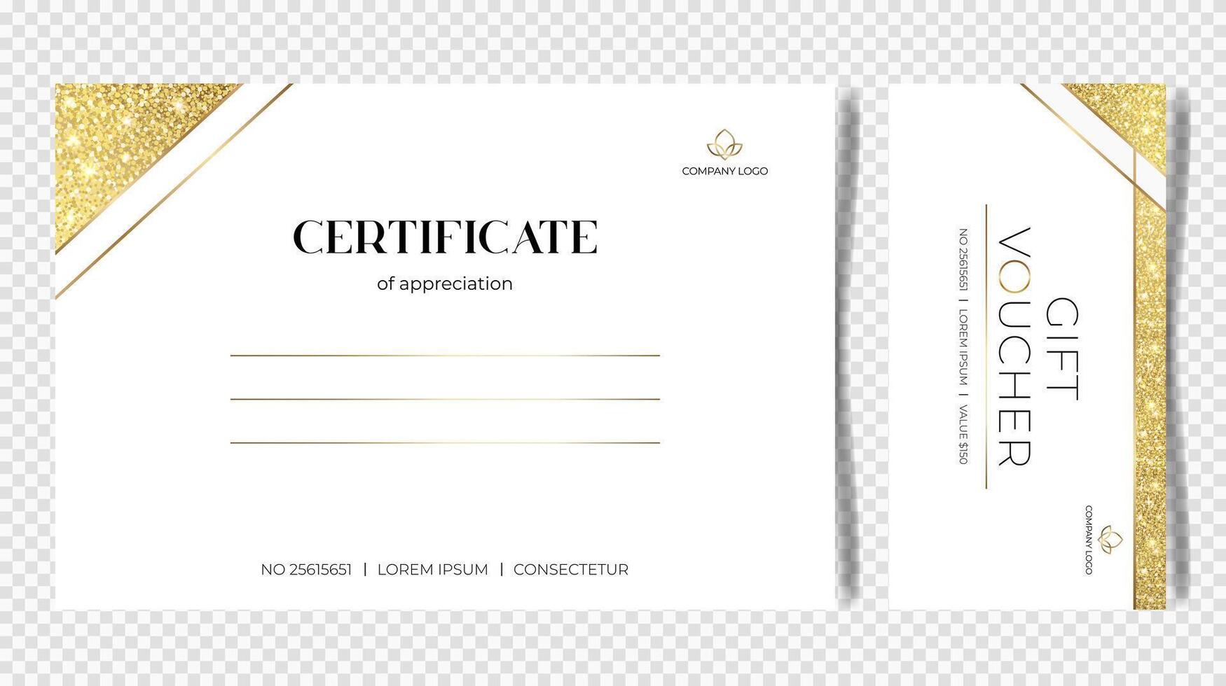 Minimalistic template for gift voucher. Set of gift certificates with gold glitter. Paper sheet for diploma, business, certificates, prizes and companies. vector