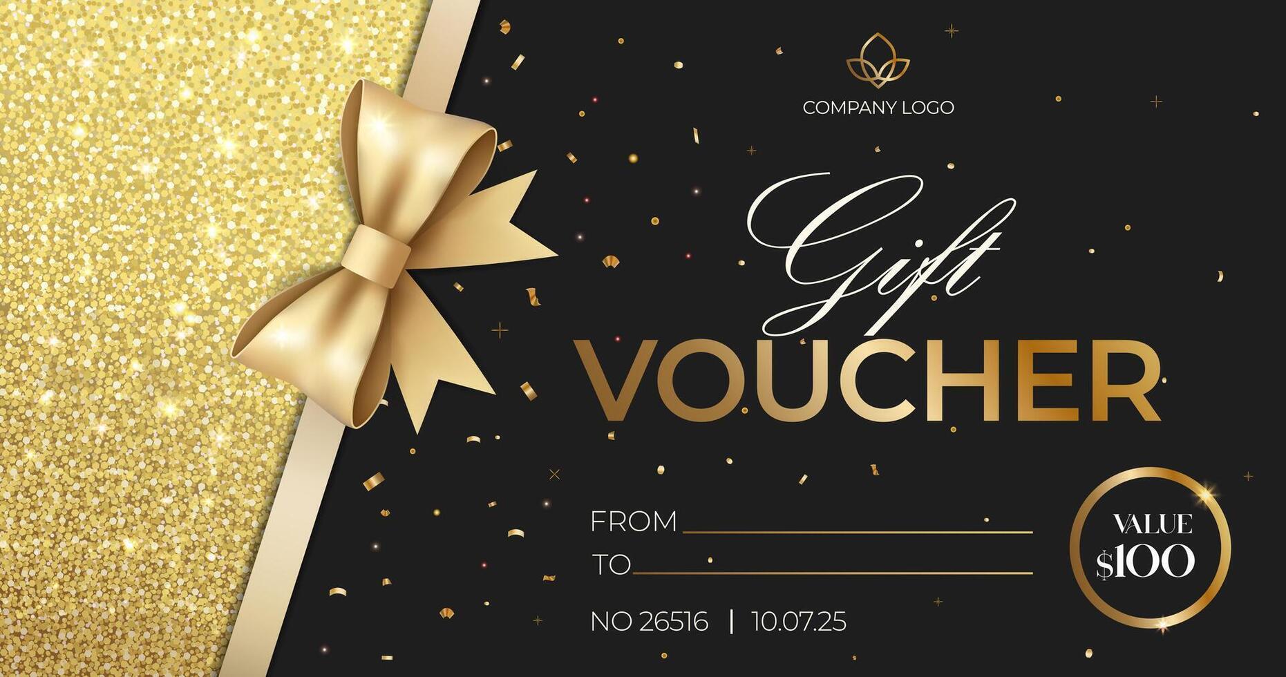 Luxury gift voucher. Elegant gift voucher with golden bow. Template for gift card, coupon. Promo or flyer offer vector