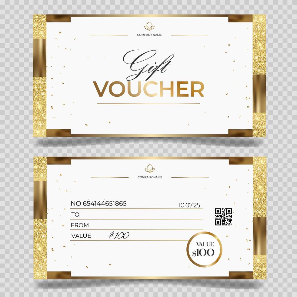 Luxury gift voucher with golden glitter. Elegant template for gift card, coupon. Stylish gift voucher. Promo or flyer offer vector
