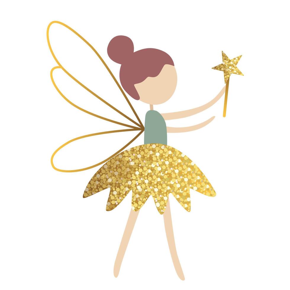 Little fairy in golden shining clothes. Fairytale gentle princess with wings. Cute fairy in flat design. vector