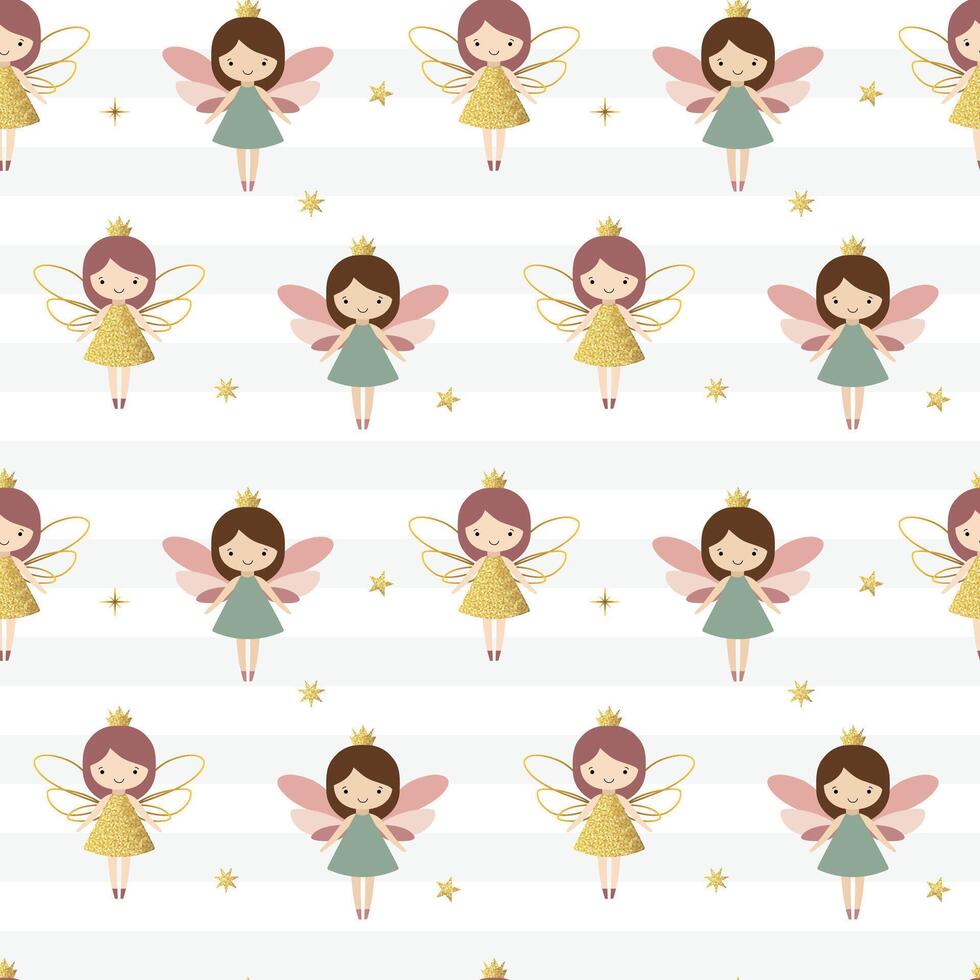 Seamless pattern with cute fairies and shining golden stars. Gentle childish background vector