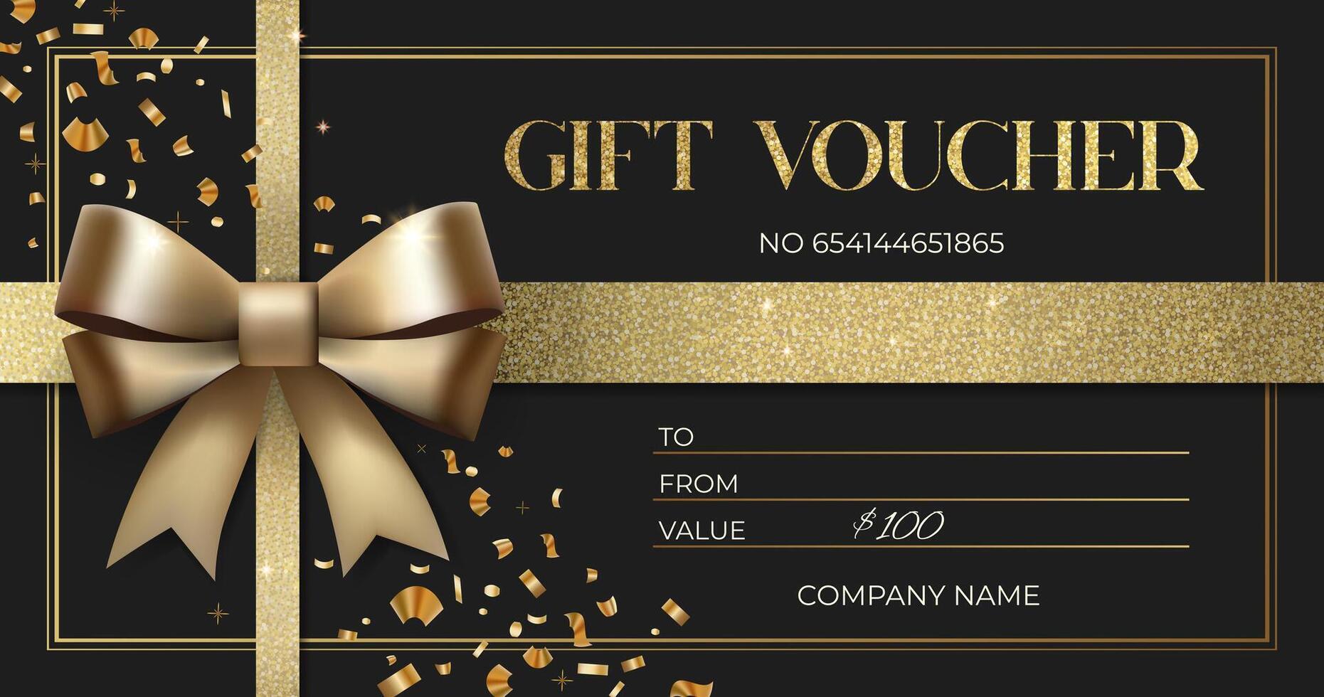 Stylish gift voucher golden bow. Elegant template for gift card, coupon. Luxury gift voucher. Promo or flyer offer vector