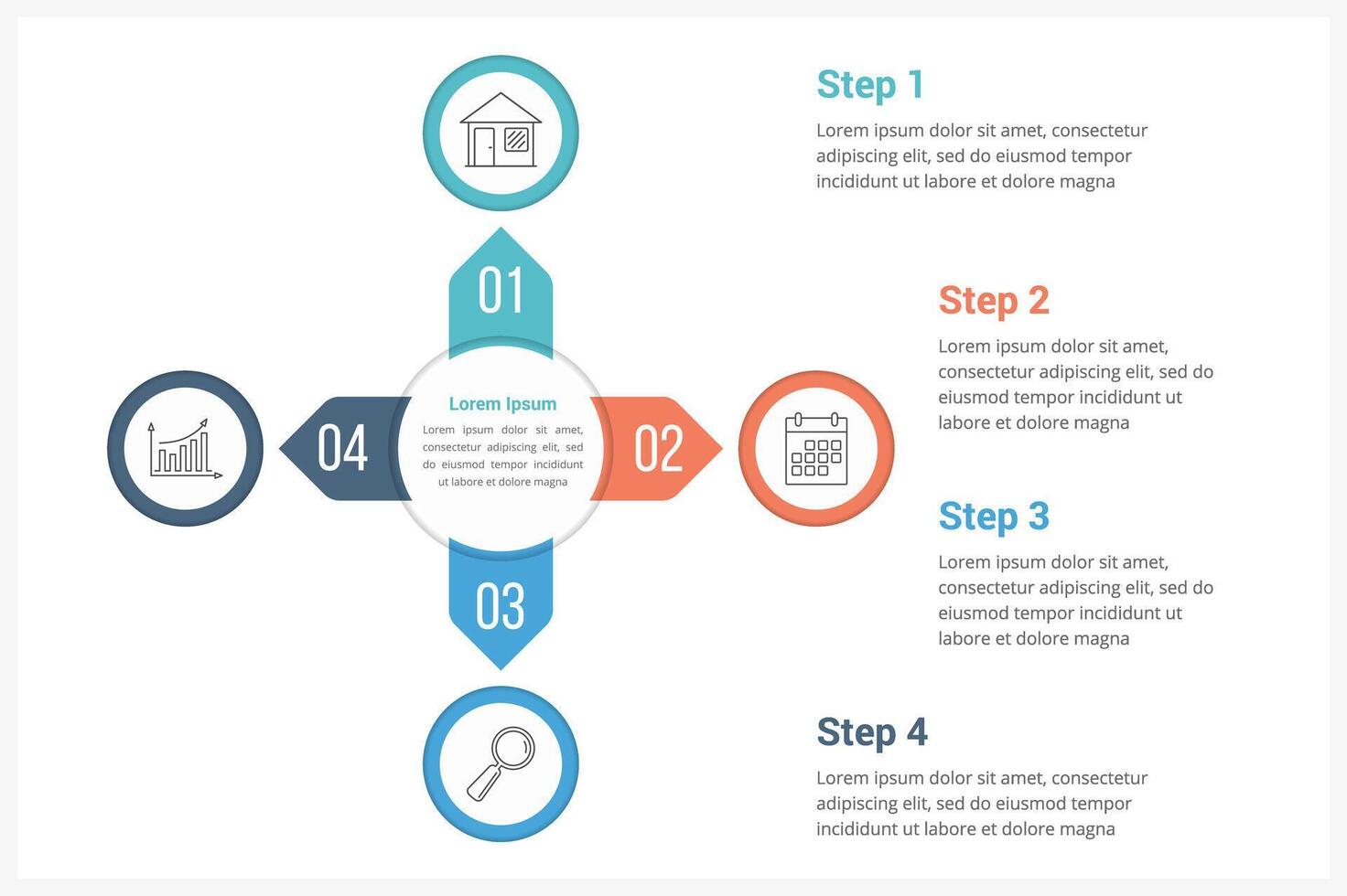 Circle infographics template with four elements, can be used as process diagram, steps, options vector