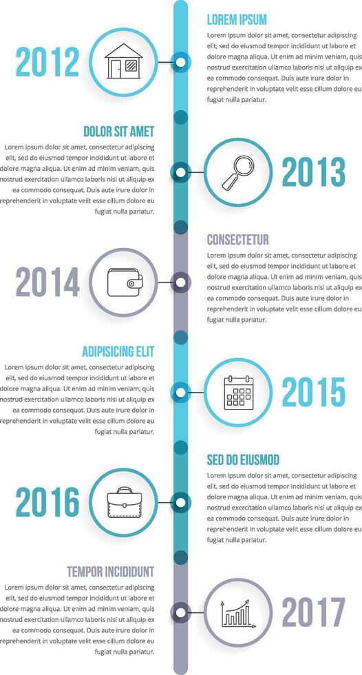 Vertical timeline infographics template with colorful circles, workflow or process diagram vector