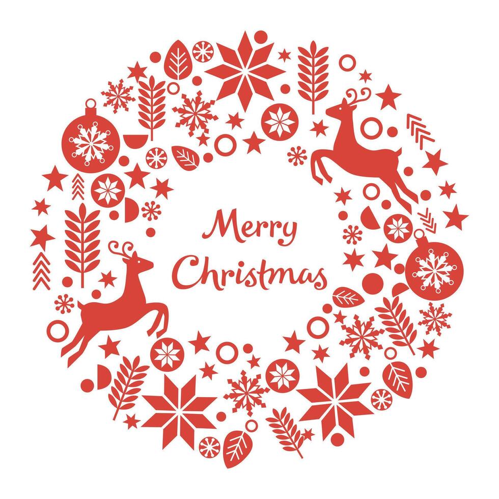 Christmas wreath with red snowflakes deer leaves vector