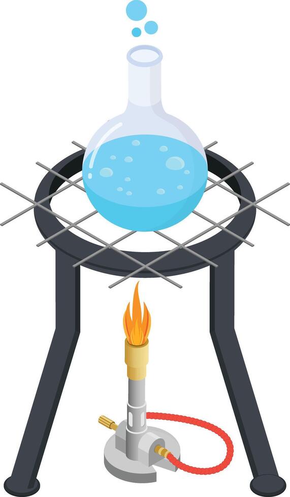 A boiling flask on a tripod stand with a Bunsen burner below in Isomeric Style vector