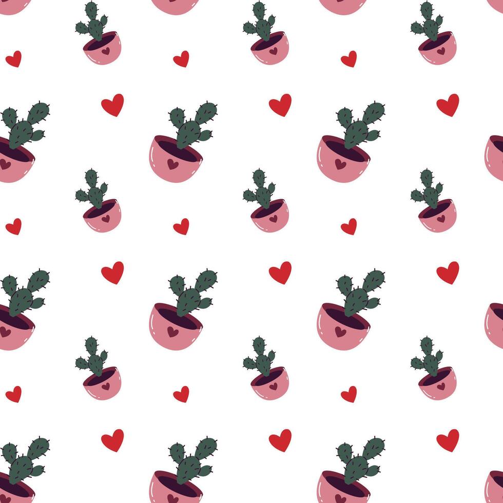 Saint Valentines seamless pattern with cute cactus and hearts. Trendy hand drawn pattern in flat design. Holiday background for wrapping, textile vector