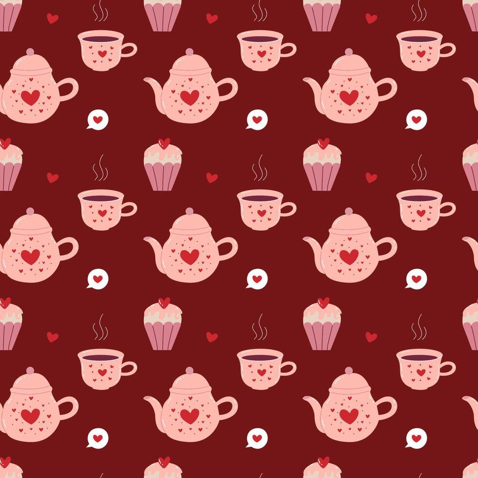 Cute seamless pattern with love elements. Teapot, cup, cupcake and heart in speech bubble. Saint Valentines day hand drawn pattern for wrapping, textile vector