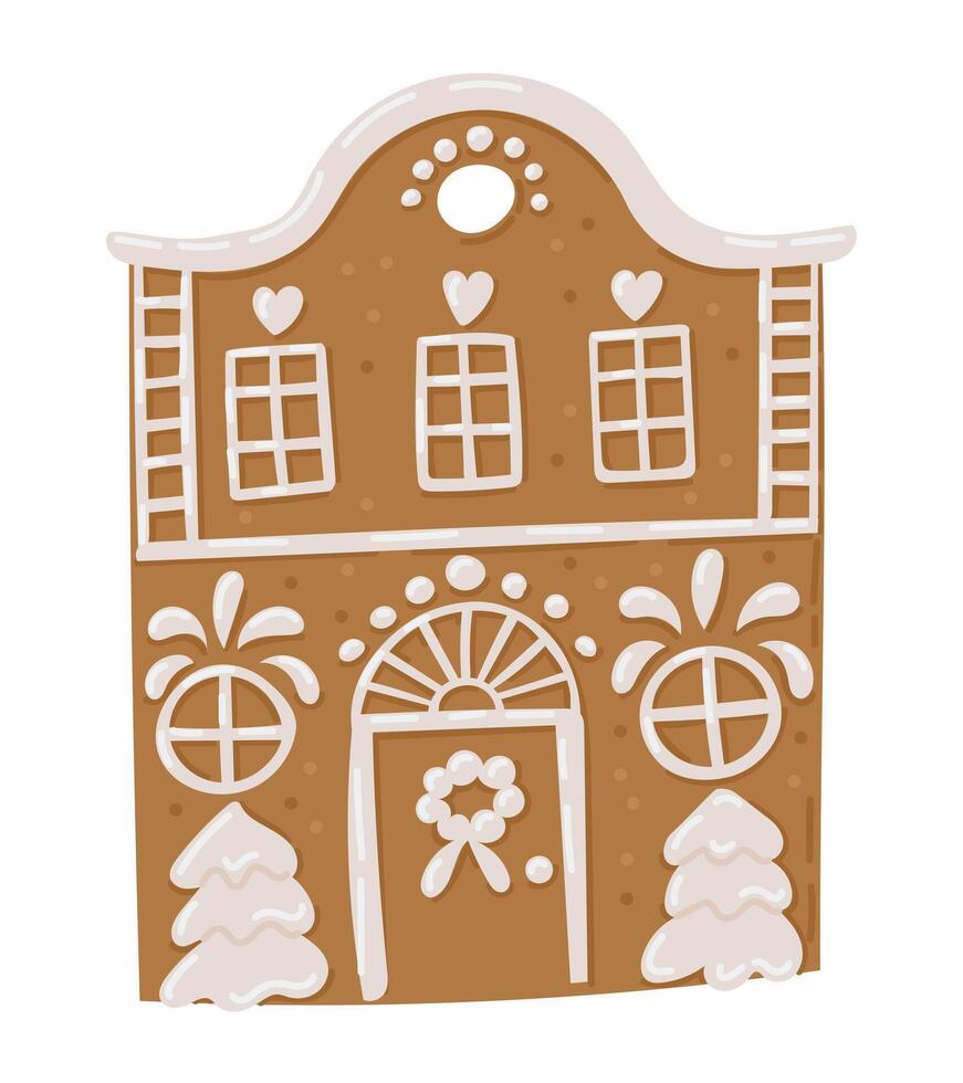 Festive gingerbread house illustration with decorative icing details, heart shaped windows, wreath vector