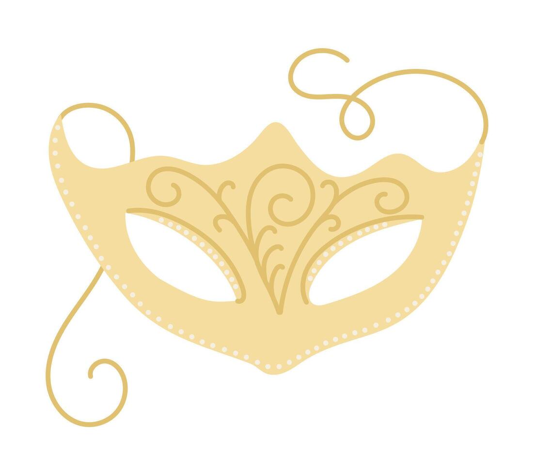 Elegant golden masquerade mask with intricate swirling patterns, delicate dotted details, and flowing ribbon accents. Hand drawn drawing isolated on white background vector