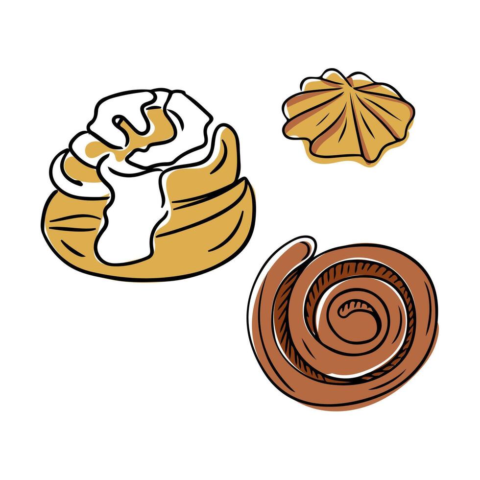 Illustration of three baked pastries cinnamon roll, icing topped bun, and starshaped cookie, depicted in a hand drawn style. Hand drawn drawing isolated on white background vector