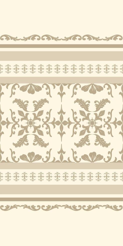Glorious Golden Silk Weaves Embroidery Royal Classy Scroll Ornament on Beige Background. Opulence Nature Leaves and Floral Petals Elaborate Rich Border Pattern for Elegant Textile Design Fabric vector