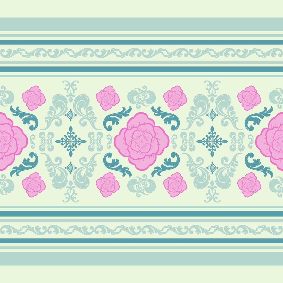 Elegance Exquisitely Glorious Pink Rose Scroll Ornament Decoration On Green Background. Sweet Luxury Opulence Rich Detailed Victorian Design Seamless Pattern. Beautiful in Love Embroidery Silk Weaves. vector