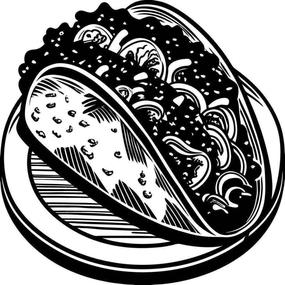 A black and white drawing of a taco vector
